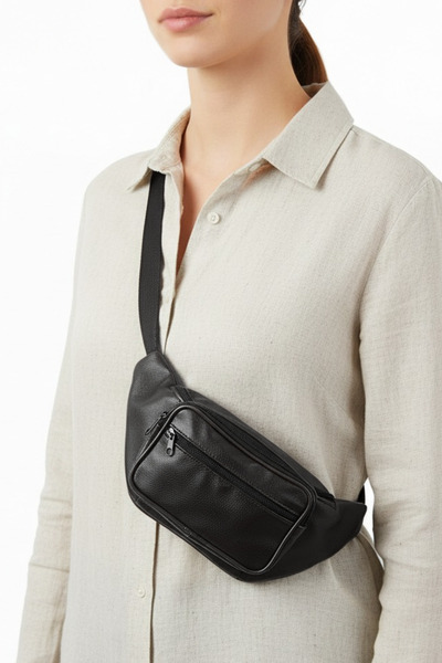 CüzCan Unisex Siyah Hakiki Deri Freebag Bel ve Göğüs Çantası