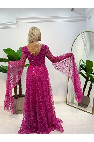 E&A Eren Abiye V Yaka Pelerin Kol Derin Yırtmaçlı Abiye