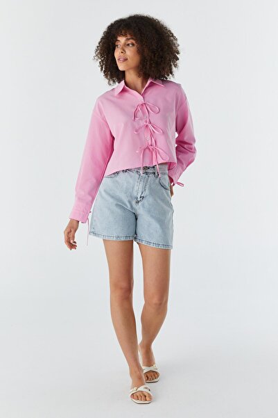 Shopping Shop Cămașă crop cu șireturi cu fundă ROZ