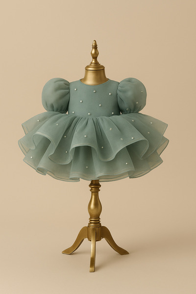 Laresse İncili Balon Kollu Tokalı Kız Çocuk Abiye Elbise