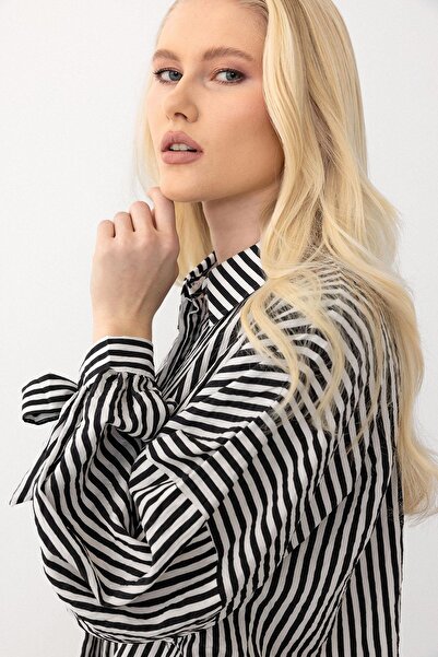 Olcay Black Striped Shirt and Trousers Two-Piece Set - Elastic Waist 7939-Tk