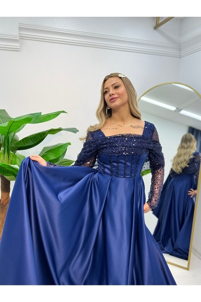 E&A Eren Abiye Uzun Kollu Saten Abiye