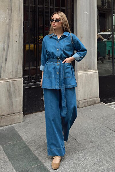 Olcay Kék öves kabát és nadrág farmer kétrészes szett