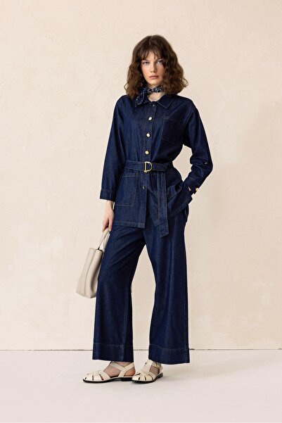 Olcay Belted Jacket and Trousers Denim Double Suit Dark Blue 9293-Tk