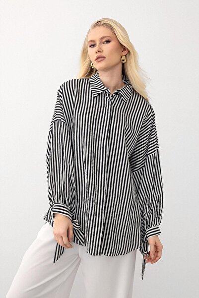 Olcay Black Striped Shirt and Trousers Two-Piece Set - Elastic Waist 7939-Tk