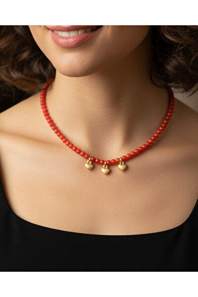 AYDOTA Gerçek Mercan Doğaltaş Kolye Mineli Çelik Kalp Uçlu