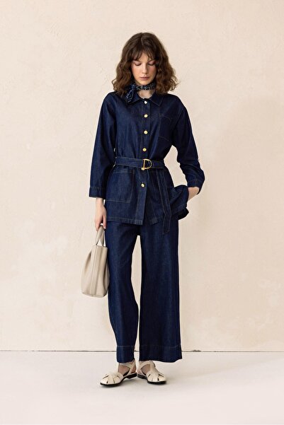 Olcay Belted Jacket and Trousers Denim Double Suit Dark Blue 9293-Tk