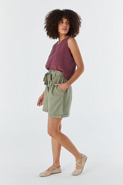 Shopping Shop Elastic Waist Belted Linen Shorts Khaki