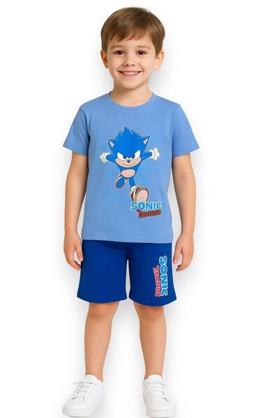 LİTTLE TORTOİSE طقم بدلة رياضية للأولاد برقبة دائرية وطبعة سونيك ملونة (بدلة سفلية - علوية)