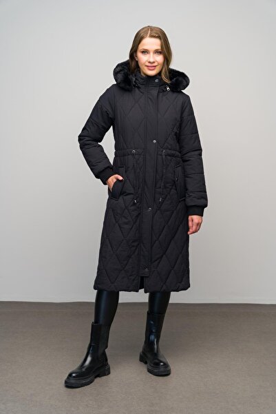 Olcay Černý prošívaný kabát – odnímatelná kožešina a žebra podrobně 6621