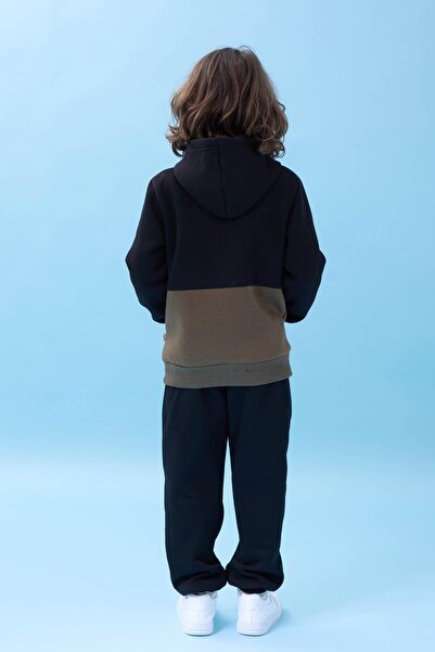 Perendi Unisex Hooded Color Block Ribbed Winter Sweatshirt with Kangaroo Pocket - Black/Khaki