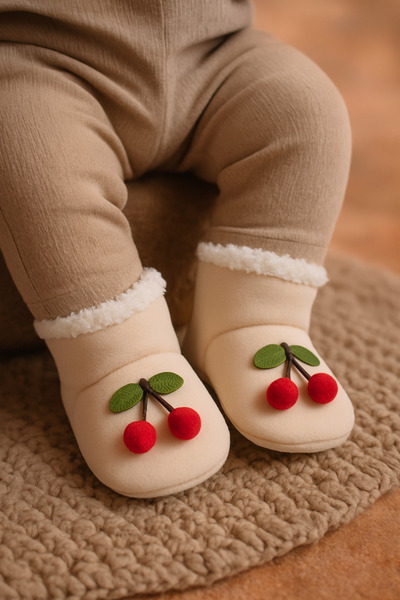 Puppis Baby Cherry Baby Girl Slippers, Non-Slip Sole, Anti-Sweat, Organic Ilkadım