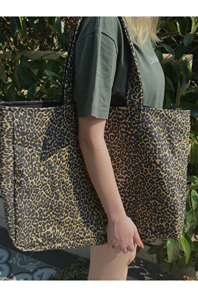 verda shop Kahverengi Leoparlı Kadın Plaj - Bez Çanta 40*50*10 ebat