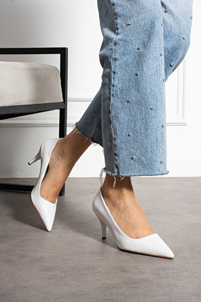 Güllü Shoes Stylish White Vegan Leather Stiletto |   Pointed Toe, 7 cm Thin Heeled Casual & Office Shoes