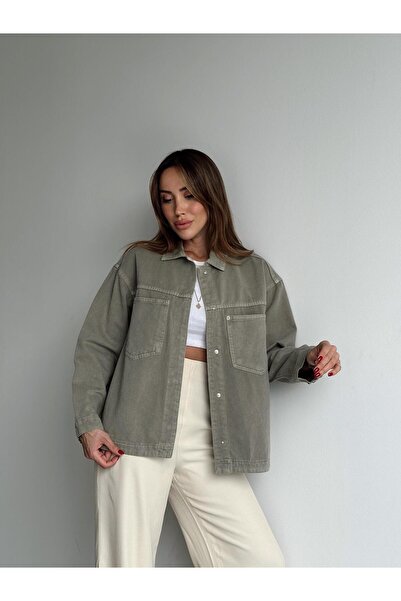 Maldia Shop Women's Gabardine Fabric Green Shirt with Pocket Detail