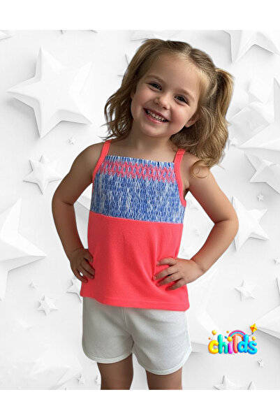 childs Летен комплект за момичета с блуза с две презрамки и шорти Неоново роз...