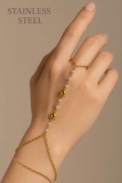 ATALYA ACCESSORY Star and Row Pearl Model Gold Color Steel Shahmeran