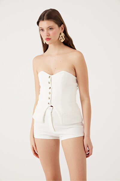 HOLLY LOLLY Yüksek Bel Fermuarlı Mini Bailey Şort Beyaz