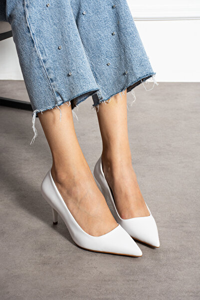 Güllü Shoes Stylish White Vegan Leather Stiletto | Pointed Toe, 7 cm Thin Heeled Casual & Office Shoes