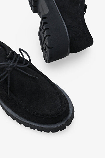 LOJO Kadın Loafer Kalın Taban Bağcıklı Günlük Ayakkabı Ferisley Siyah Süet