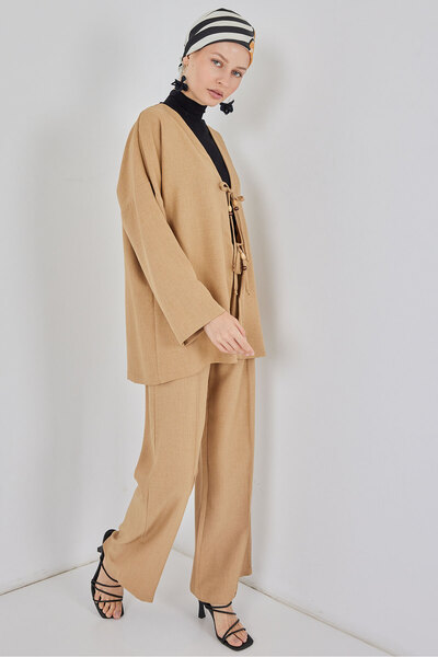 Bigdart Women's Linen Kimono Double Set 6727 - Biscuit