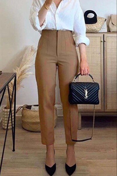 Seeh Ψηλόμεσο γυναικείο υφασμάτινο παντελόνι Camel - SH192