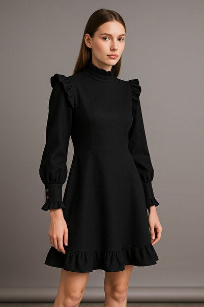 Noi Belis Siyah A Kesim Dokuma Omuz Detaylı Dokuma Elbise AW25EL0004