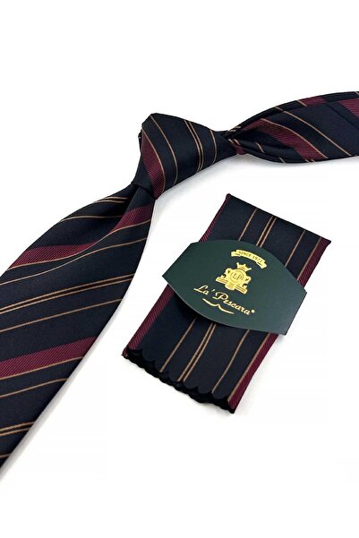Kravatkolik Siyah - Bordo Çizgi Desen Mendilli Klasik Kravat KK13204