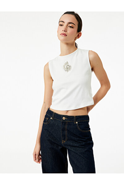 Koton Cotton Slim Fit Crew Neck Stone Detailed Tank Top