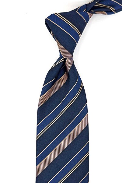 Kravatkolik Navy Blue - Yellow Line Pattern Classic Tie with Handkerchief Kk13207