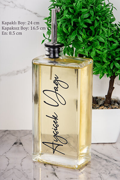 DNS HOME 2'li Gümüş Kapaklı Cam Yağdanlık Ayçiçek ve Zeytinyağı Etiketli Sosluk Sirkelik Yağdanlık Seti 500ml