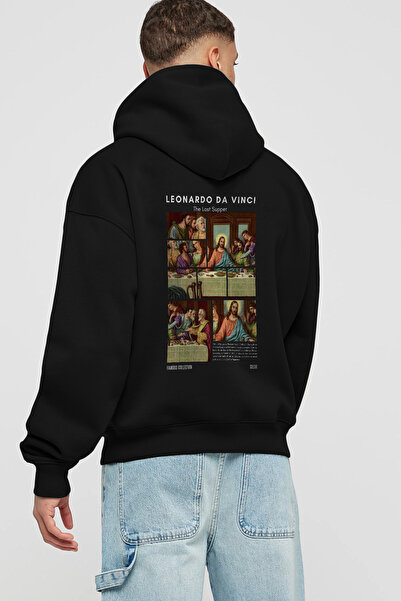 Ankhises Leonardo Da Vinci Back Printed Black Hoodie Oversized Hooded Sweatsh...