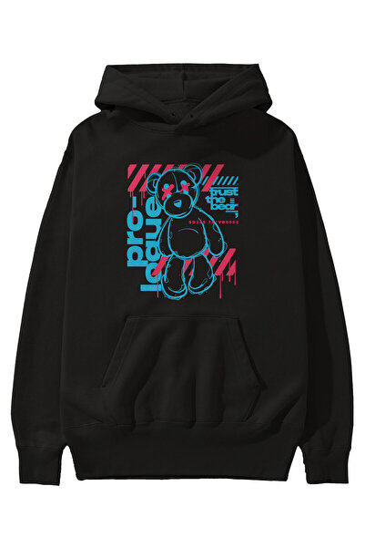 Ankhises Trust The Bear Μπροστινό εμπριμέ μαύρο φούτερ με κουκούλα Oversize Α...