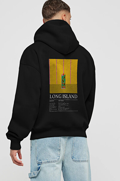 Ankhises Hanorac negru cu glugă supradimensionat cu imprimeu pe spate Long Is...