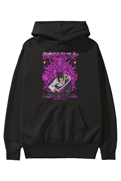 Ankhises SASUKE UCHIHA NARUTO Hanorac negru cu glugă cu imprimeu în față Hanorac supradimensionat cu glugă Bărbați Femei
