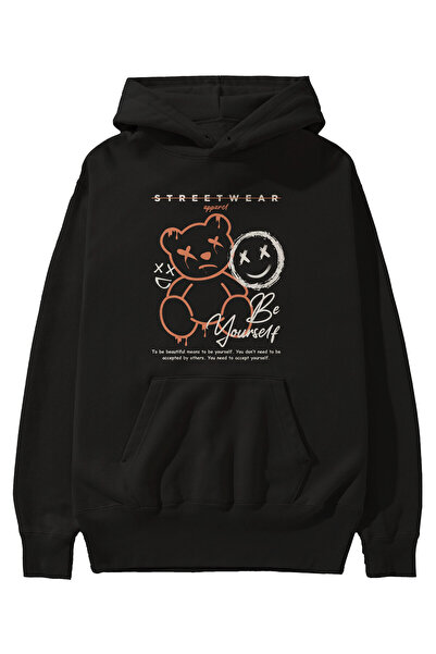 Ankhises Be Yourself Bear Μπροστινό εμπριμέ μαύρο φούτερ με κουκούλα Oversize...
