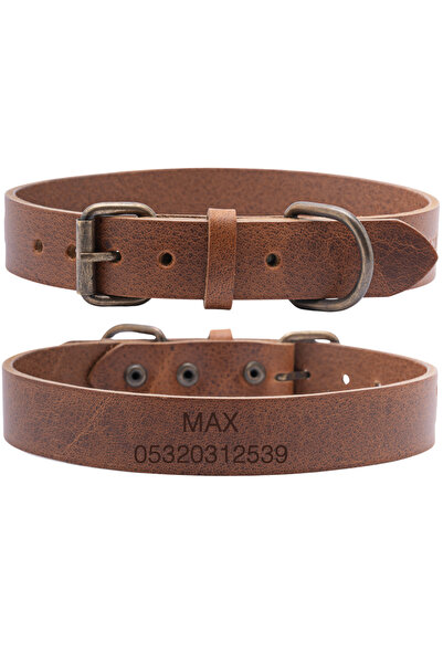 Bakani Leather Kişiye Özel Köpek İsimli Boyun Tasması, Hakiki Vejetal Deri, Dayanıklı Malzeme, Paslanmaz Çelik