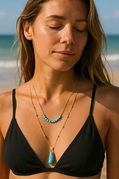 OCEANDESING Özel Tasarım Orijinal Turkuvaz Taşlı Gold Çelik Zincir Kolye Seti