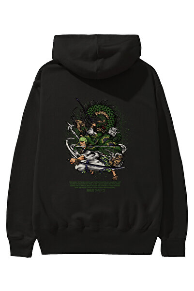 Ankhises Hanorac negru oversize cu glugă cu imprimeu pe spate Anime Zoro Bărb...