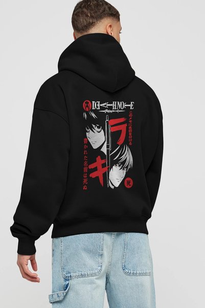 Ankhises DEATHNOTE L vs KIRA Anime Back Printed Black Oversize Hooded Sweatshirt Men Women