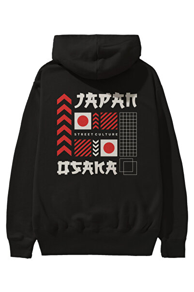 Ankhises Hanorac negru oversize cu glugă cu imprimeu pe spate Japan Osaka Băr...