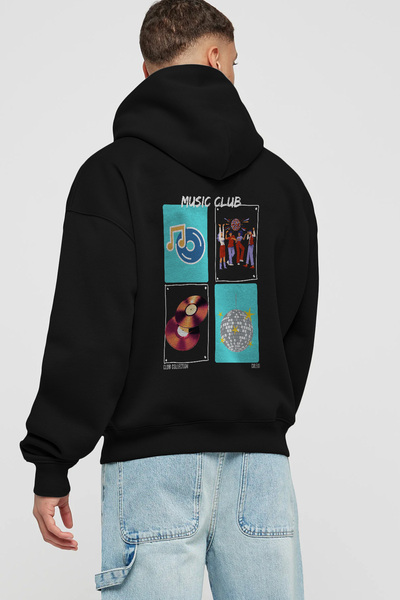 Ankhises Music Club Back Printed Μαύρο φούτερ με κουκούλα Oversize Ανδρικό Γυ...