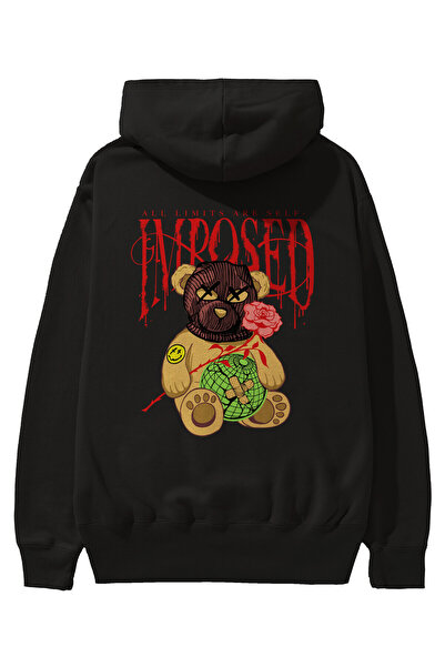 Ankhises Hanorac negru oversize cu glugă cu imprimeu cu spatele ursului All L...