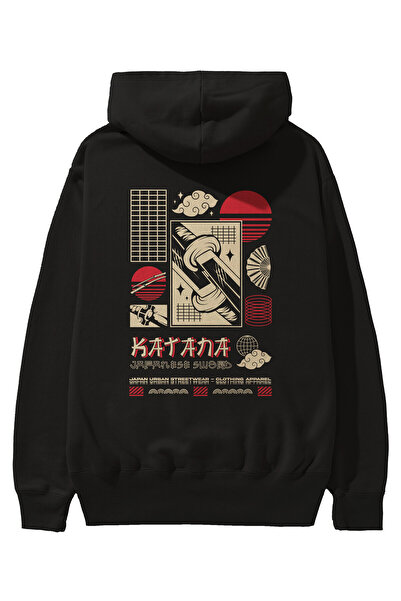 Ankhises Hanorac negru oversize cu glugă cu imprimeu pe spate Katana Bărbați ...