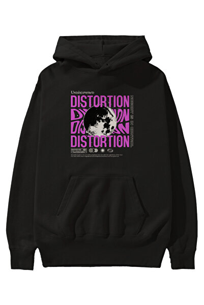 Ankhises Hanorac negru cu glugă oversize cu distorsiune pre-imprimată pentru ...