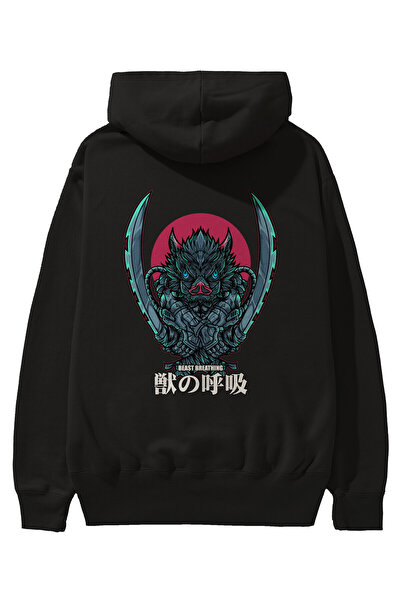 Ankhises Inosuke DEMON SLAYER Anime Back Printed Μαύρο Φούτερ με κουκούλα Ove...