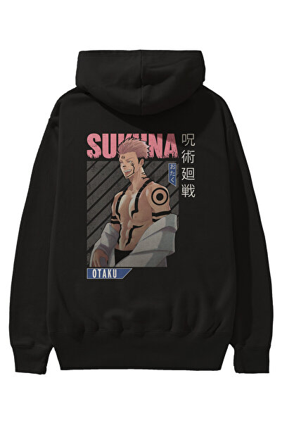 Ankhises Hanorac negru cu glugă supradimensionat cu imprimeu anime Sukuna Ryo...