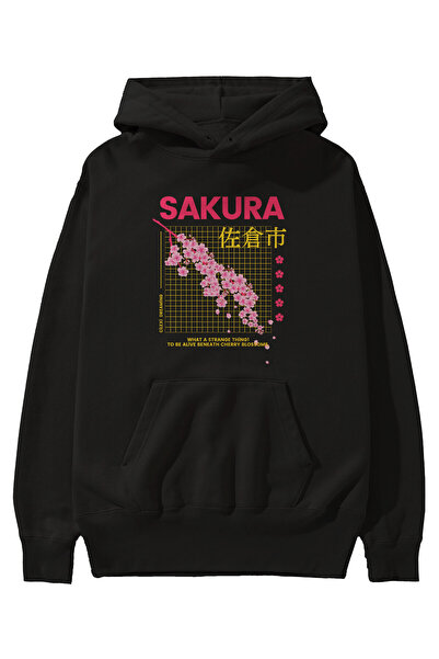 Ankhises Sakura Streetwear μπροστινό εμπριμέ μαύρο φούτερ με κουκούλα μεγάλου...