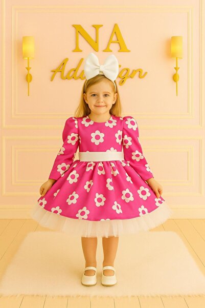 NA ADDESIGN Rochie pufoasă pentru fetiță, fucsia, cu flori albe