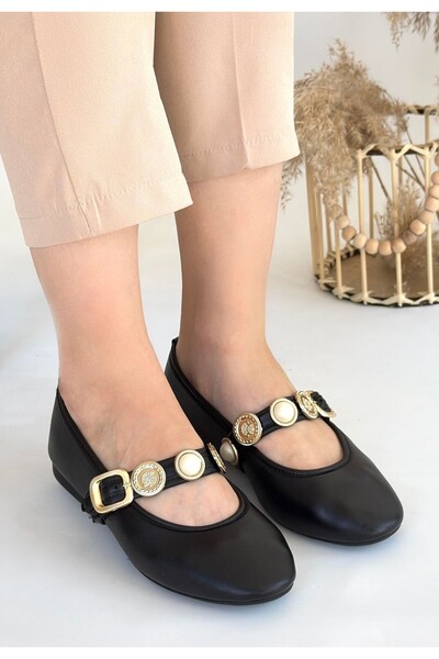 pabucmarketi Black Faux Leather Women's Ballerina Shoes